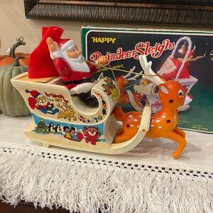 Vintage S.J.F. Happy Reindeer Sleigh Santa Christmas Musical Decoration